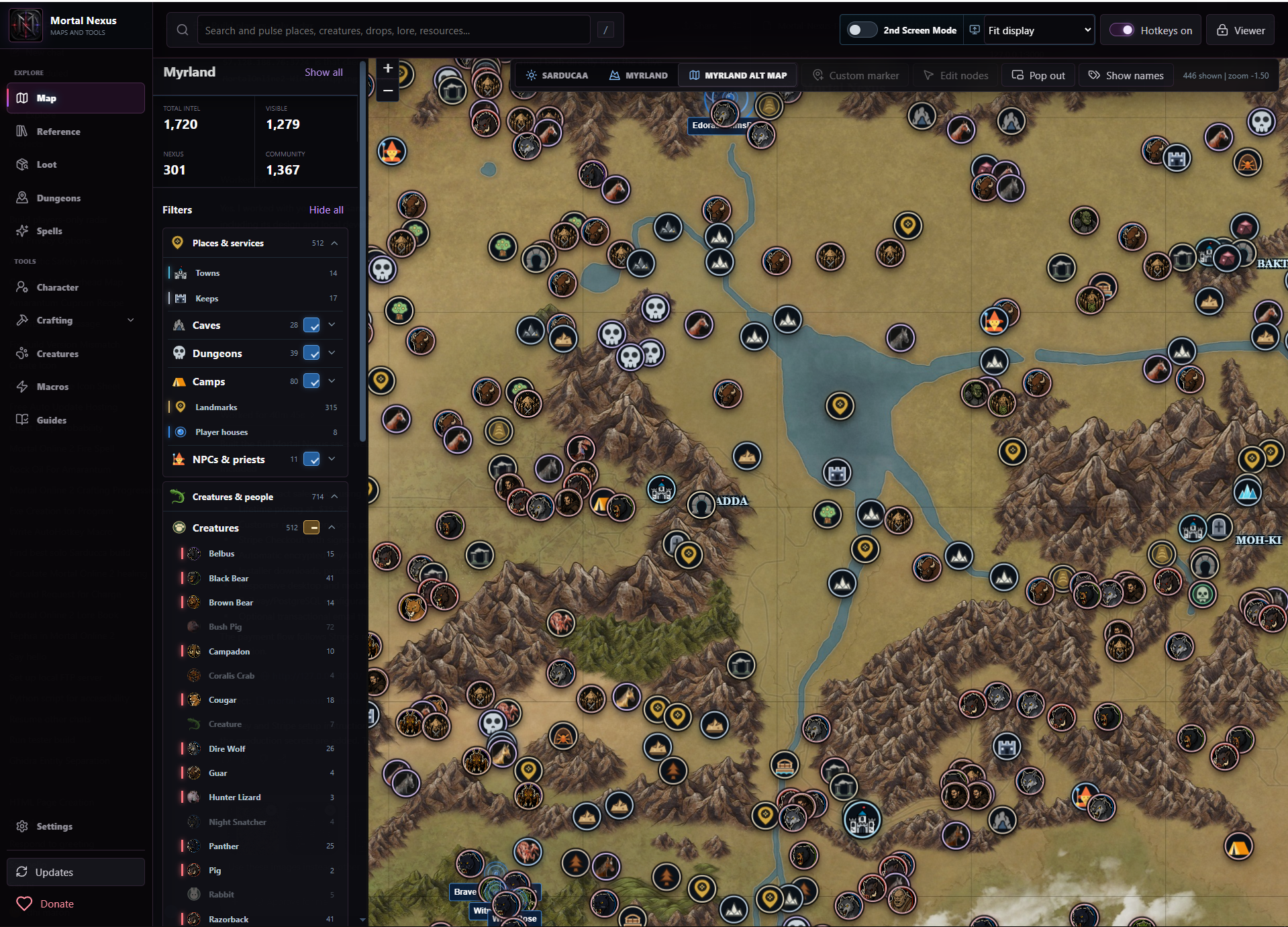 Mortal Online 2 map of Myrland with searchable creature, dungeon, resource, town, vendor, and house markers