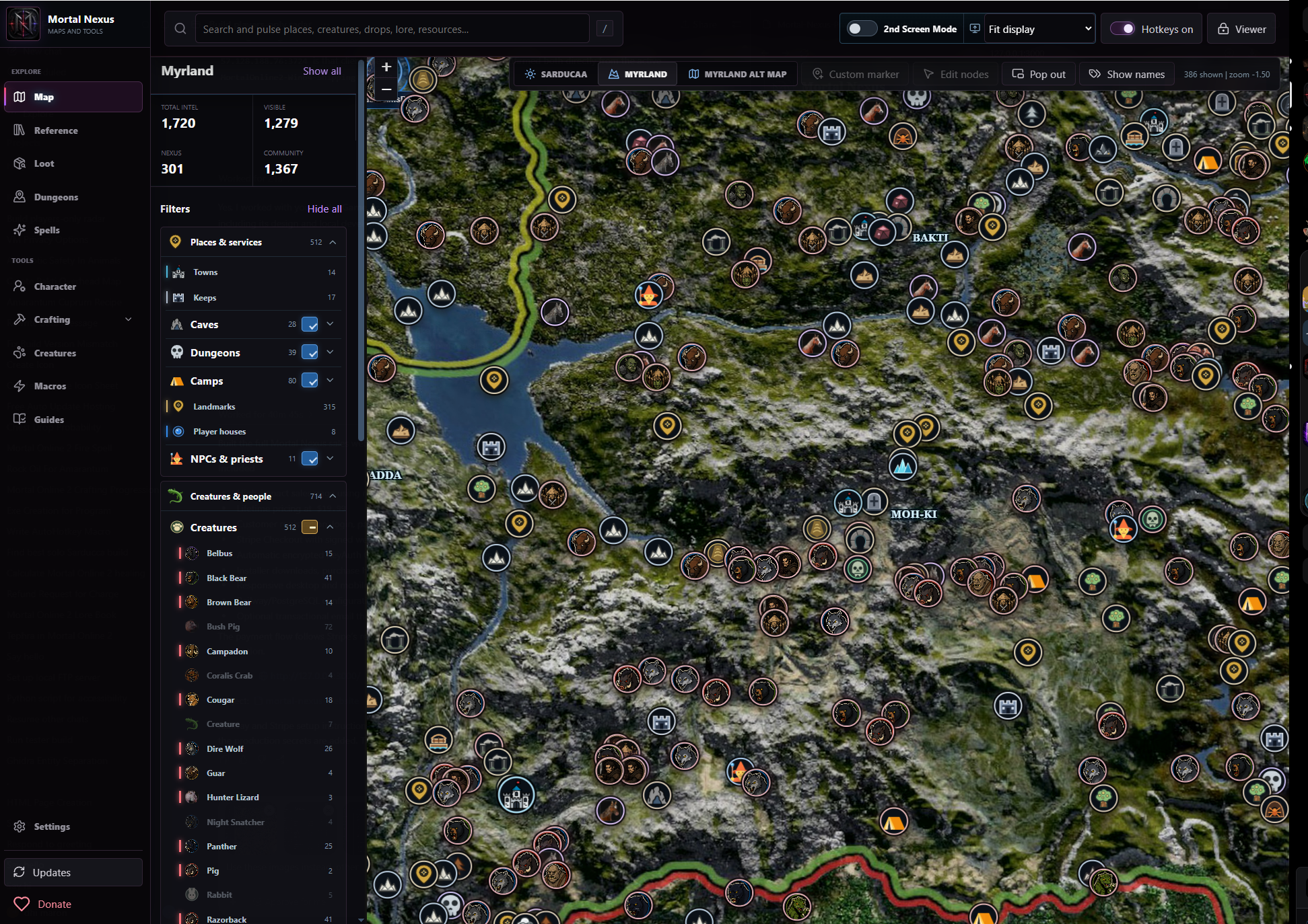 Mortal Nexus Myrland map with searchable points of interest